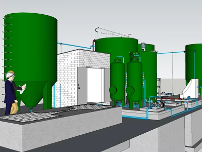 Industrial Facility with Green Storage Tanks Pipes Building Structure and Worker 3d model