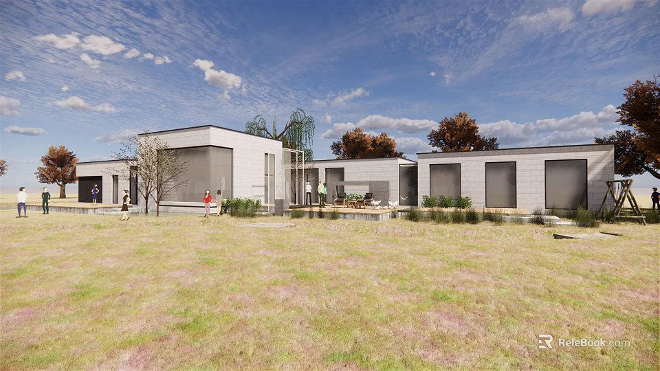 Modern Sales Office Building With Lawn Trees And Blue Sky View 3d model 