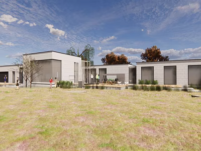 Modern Sales Office Building With Lawn Trees And Blue Sky View 3d model