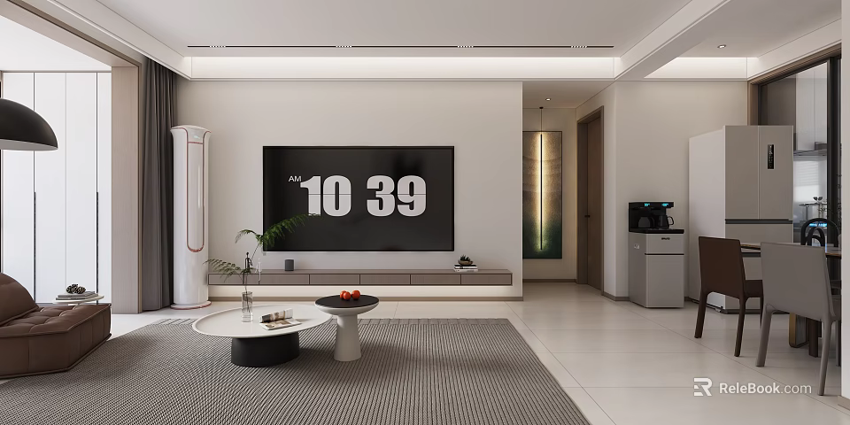 Modern Living Dining Room Interior With Large Screen TV Round Coffee Tables And Striped Rug 3d model 