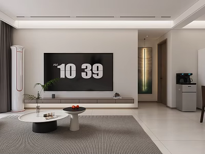Modern Living Dining Room Interior With Large Screen TV Round Coffee Tables And Striped Rug 3d model