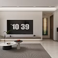 Modern Living Dining Room Interior With Large Screen TV Round Coffee Tables And Striped Rug