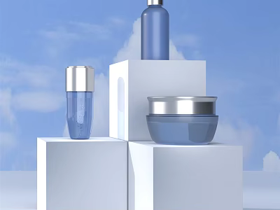 Perfume Cosmetics Blue Bottles On White Display Pedestals With Blue Sky Background 3d model