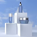 Perfume Cosmetics Blue Bottles On White Display Pedestals With Blue Sky Background