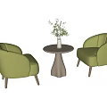 Modern Minimalist Green Armchairs And Round Table Set With Vase And Green Plants