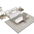 Minimalist Double Bed With Wooden Frame Pillows Blanket And Side Table On Rug