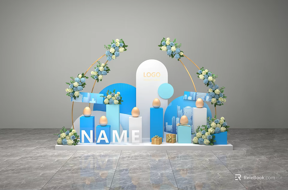 Elegant Event Display Setup With Arched Blue White Flowers Logo Name And Geometric Decor 3d model 