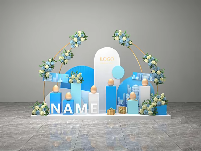 Elegant Event Display Setup With Arched Blue White Flowers Logo Name And Geometric Decor 3d model
