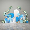Elegant Event Display Setup With Arched Blue White Flowers Logo Name And Geometric Decor