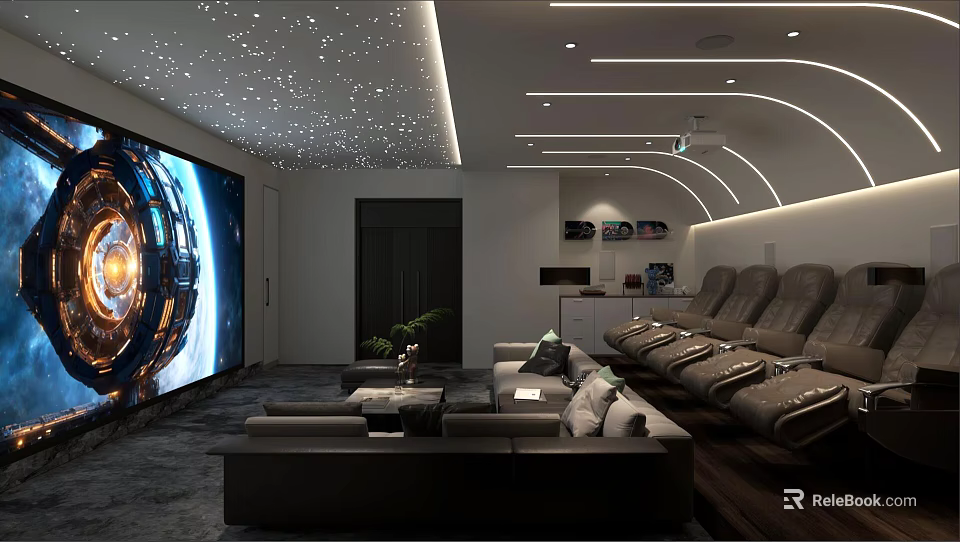 Modern Home Theater Interior Design With Starry Ceiling Large Projection Screen And Comfortable Recliners 3d model 