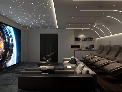 Modern Home Theater Interior Design With Starry Ceiling Large Projection Screen And Comfortable Recliners 3d model