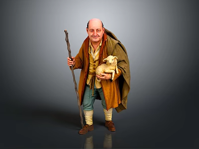 Man Carrying Lamb Holding Stick Wearing Brown Cloak And Blue Pants 3d model