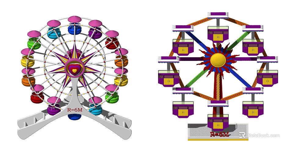 Two Ferris Wheels With Colorful Cabins Star Shaped And Yellow Centers For Amusement Parks 3d model 