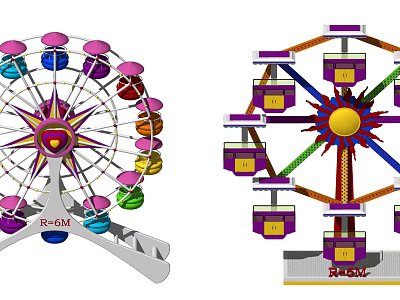 Two Ferris Wheels With Colorful Cabins Star Shaped And Yellow Centers For Amusement Parks 3d model