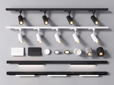Modern Downlights And Spotlights In Black White With Track Mounted Design 3d model