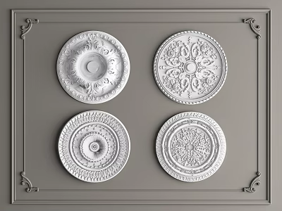 Four Decorative Ceiling Medallions With Intricate Patterns On Gray Wall 3d model
