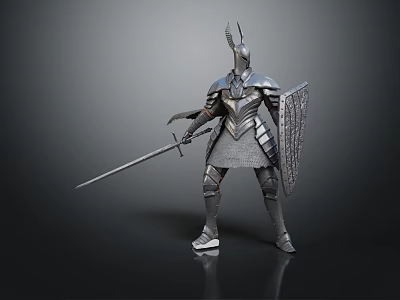 Fantasy Metallic Creature Character In Silver Armor Holding Sword And Shield Standing Pose 3d model