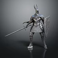 Fantasy Metallic Creature Character In Silver Armor Holding Sword And Shield Standing Pose