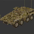 Six Wheeled Armored Military Vehicle with Camouflage Paint and Turret Antenna