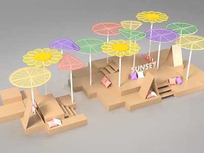 Outdoor Check-in Photo Spot With Colorful Flower Shaped Umbrellas SUNSET Sign And Pink Cushions 3d model