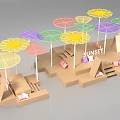 Outdoor Check-in Photo Spot With Colorful Flower Shaped Umbrellas SUNSET Sign And Pink Cushions