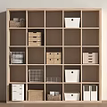 Storage Baskets on Wooden Cube Shelf Featuring Woven Metal Mesh and Paper Organizers for Home