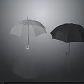 Two Standing Umbrellas White and Black on Gray Background with Reflections