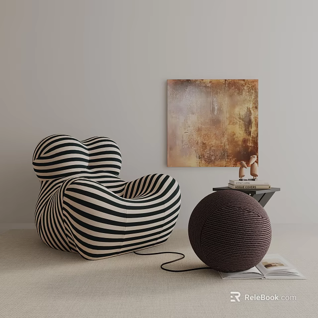 Black and White Striped Leisure Chair With Knitted Brown Footstool Abstract Painting in Modern Interior 3d model 