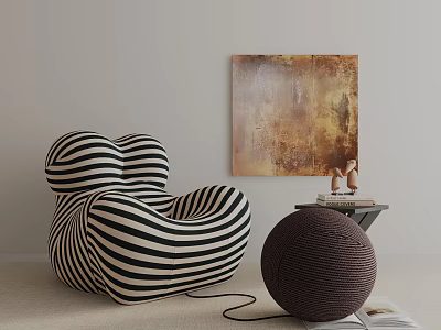 Black and White Striped Leisure Chair With Knitted Brown Footstool Abstract Painting in Modern Interior 3d model