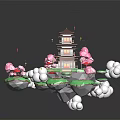 Traditional Multi Story Pagoda Architecture On Floating Islands With Cherry Blossom Trees And Lanterns