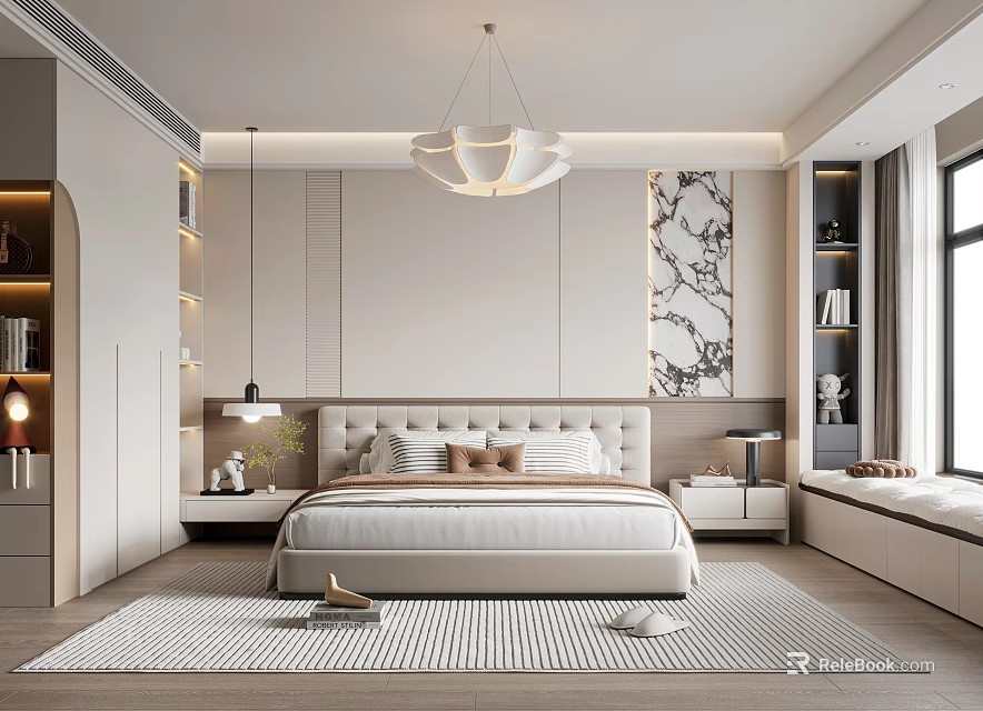 Modern Bedroom Interior Design With King Bed Pendant Light Area Rug And Wall Art 3d model 