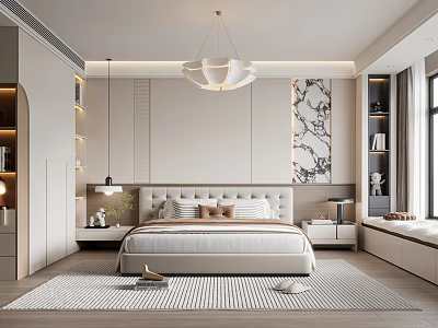 Modern Bedroom Interior Design With King Bed Pendant Light Area Rug And Wall Art 3d model