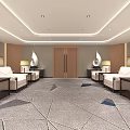 Hotel Public Lounge Area With White Sofas Table Lamps Gray Patterned Carpet Decorative Wall Art 3d model