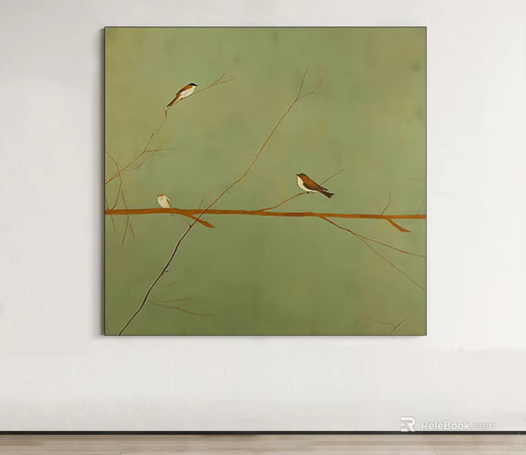 Artistic Oil Painting Featuring Three Birds Perching on Brown Branches with Light Green Background 3d model 