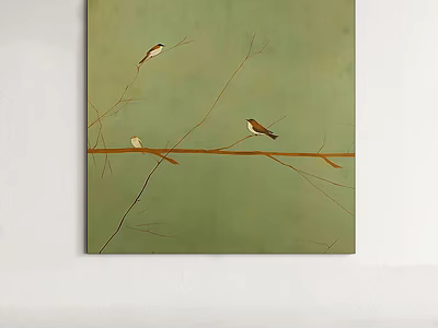 Artistic Oil Painting Featuring Three Birds Perching on Brown Branches with Light Green Background 3d model