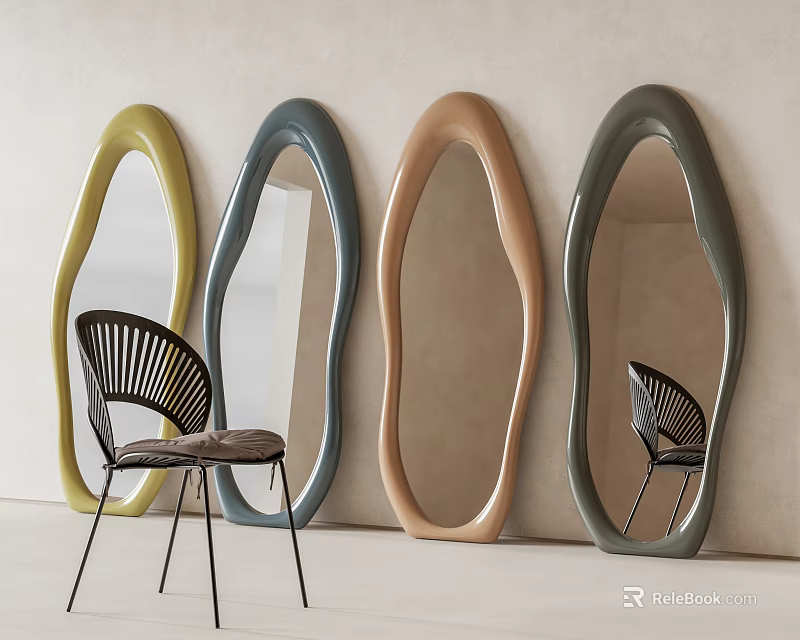 Colorful Irregular Mirrors And Chair In Minimalist Space 3d model 