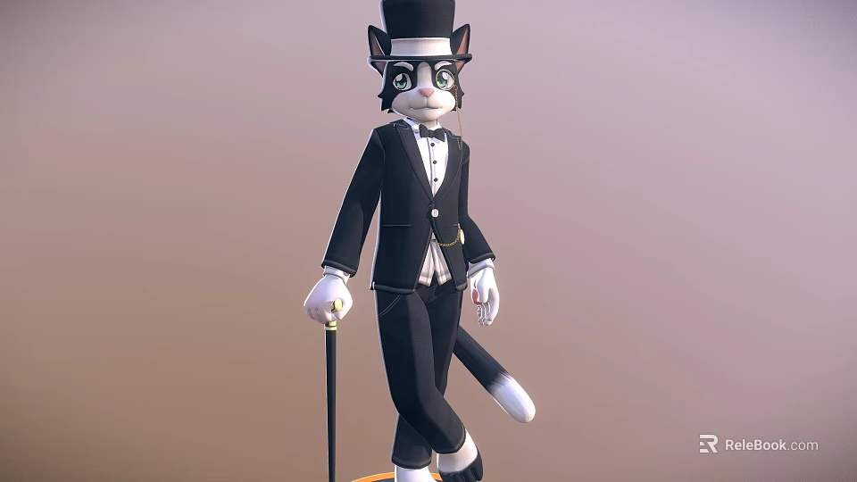 Elegant Cat Like Game Character Wearing Black Suit Top Hat And Cane 3d model 