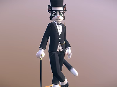 Elegant Cat Like Game Character Wearing Black Suit Top Hat And Cane 3d model