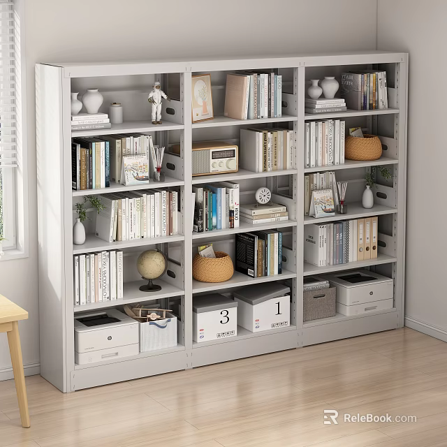 White Bookshelf With Multiple Shelves Books Globe Storage Boxes And Decorative Items 3d model