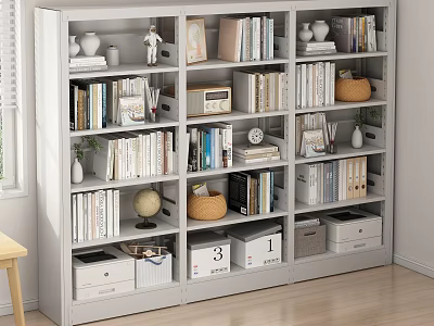 White Bookshelf With Multiple Shelves Books Globe Storage Boxes And Decorative Items 3d model