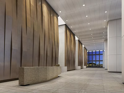 Office Hallway Featuring Brown Vertical Striped Walls White Ceiling Marble Reception Desk And Large Windows 3d model
