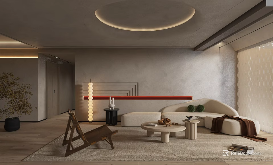 Modern Living Room Interior With Curved Sofa Wooden Chair Circular Ceiling Light And Rug 3d model 