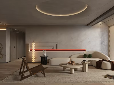 Modern Living Room Interior With Curved Sofa Wooden Chair Circular Ceiling Light And Rug 3d model