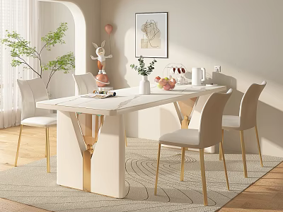 Elegant Modern White Gold Dining Table Set with Chairs Decorative Vase Fruit Plate and Plants 3d model