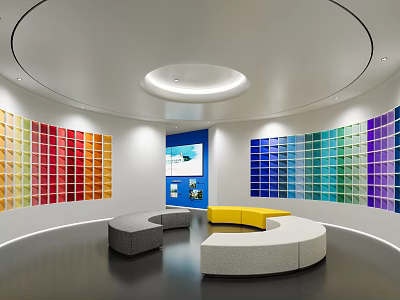 Modern Circular Interior With Colorful Panel Walls Curved Sofas And Display Area 3d model