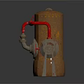 Industrial Mechanical Equipment With Rusted Metal Vessel Red Pipes And Valves