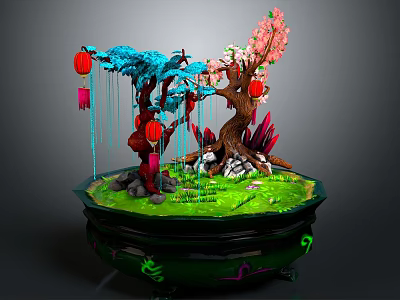 Decorative Bonsai Scene With Blue Branches Pink Cherry Blossom Red Lanterns And Green Grass 3d model