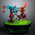 Decorative Bonsai Scene With Blue Branches Pink Cherry Blossom Red Lanterns And Green Grass