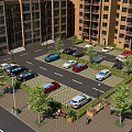 Residential Parking Lot Under High Rise Apartment Buildings With Multiple Cars Parked And Trees Shrubs