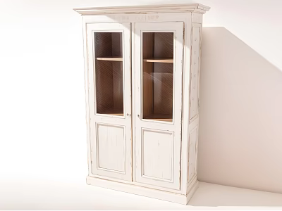 Rustic White Bookcase With Glass Doors And Wooden Shelves For Home Storage 3d model